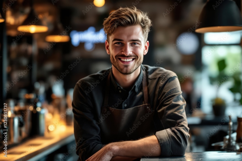 Fototapeta premium portrait of a young smiling Polish male bartender against blurred bar background