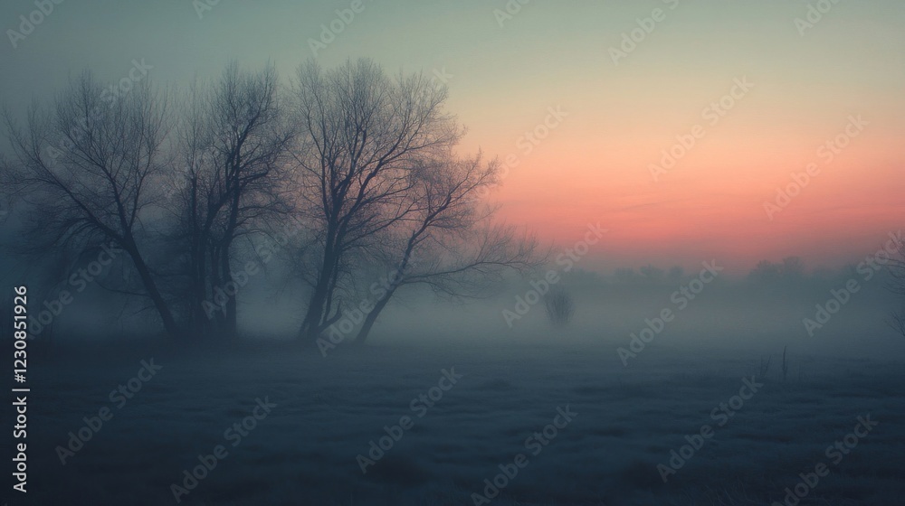 Misty Field Sunset with Silhouetted Trees Misty Field Sunset with Silhouetted Trees