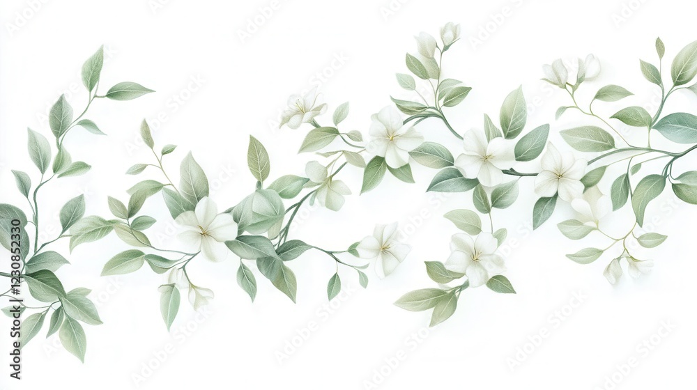 a delicate jasmine vine cascading elegantly against pure white, detailed tendrils and leaves intertwining, botanical illustration style with soft shadows and crisp details a delicate jasmine vine cascading elegantly against pure white, detailed tendrils and leaves intertwining, botanical illustration style with soft shadows and crisp details