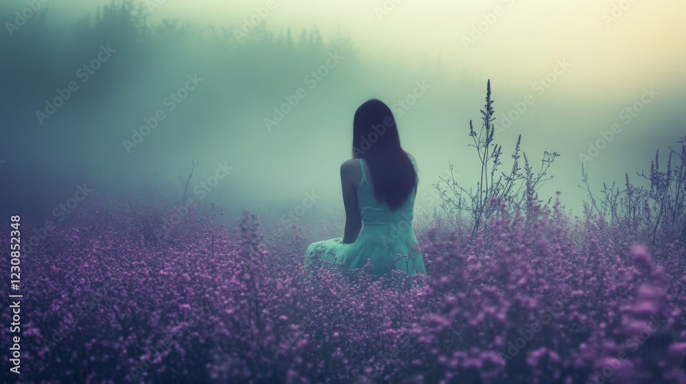 Woman in Teal Dress Sitting in Purple Flower Field in Fog