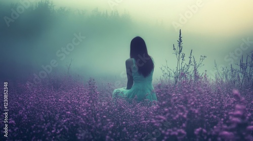 Obraz na płótnie Woman in Teal Dress Sitting in Purple Flower Field in Fog w salonie