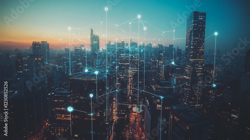 Wallpaper Mural Smart digital Innovation city with connection network reciprocity over the cityscape. of future smart wireless digital city and social media networking systems that connects people with in city Torontodigital.ca