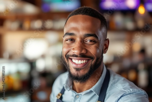 portrait of a young smiling Sao Tomean male bartender against blurred bar background photo