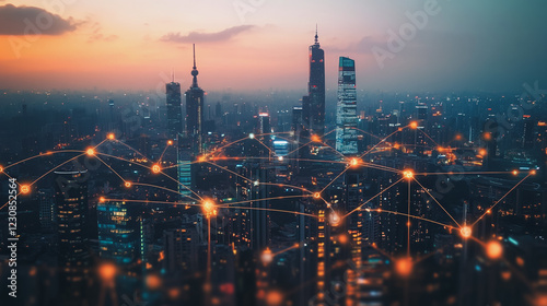 Wallpaper Mural Smart digital Innovation city with connection network reciprocity over the cityscape. of future smart wireless digital city and social media networking systems that connects people with in city Torontodigital.ca