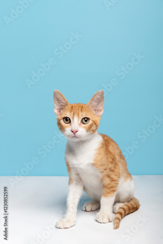 Orange and white tabby short hair cat looking at the camera in a baby blue background