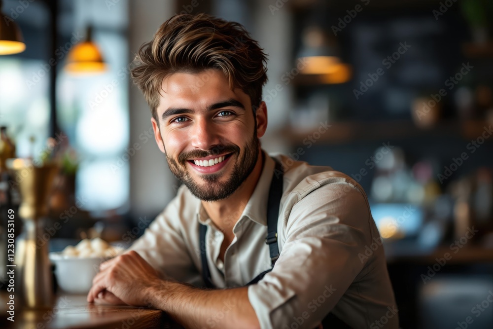 Obraz premium portrait of a young smiling Slovenian male bartender against blurred bar background