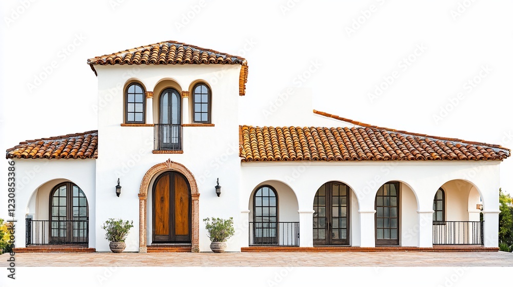 Elegant Mediterranean Style House with Red Tile Roof and Arched Windows on White Background Elegant Mediterranean Style House with Red Tile Roof and Arched Windows on White Background