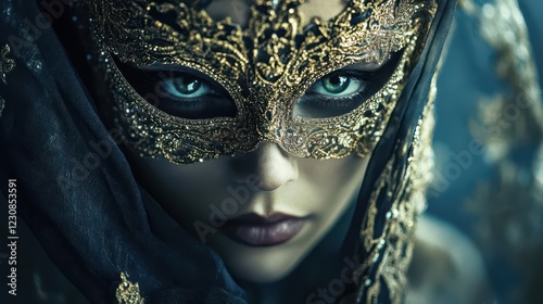 a mysterious veiled queen in shimmering gold and sapphire silk, piercing emerald eyes visible through ornate mask, ethereal moonlight casting shadows, baroque palace setting photo