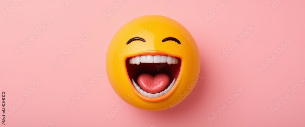 Fototapeta premium Happy emoji with a joyful expression representing laughter against a pink background