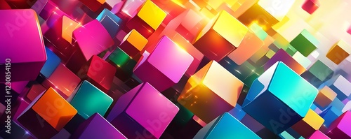 Vector art of overlapping colorful cubes with dynamic bright light effects perfect for modern graphic design