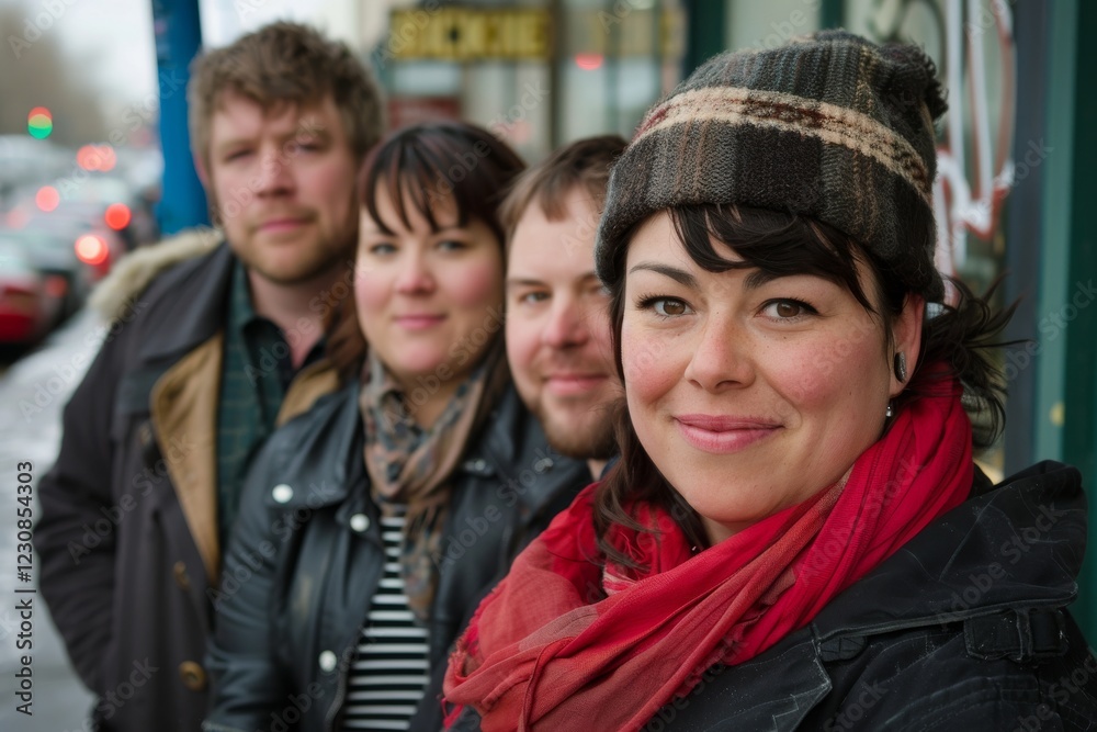 Portrait of a group of young people on the street in winter