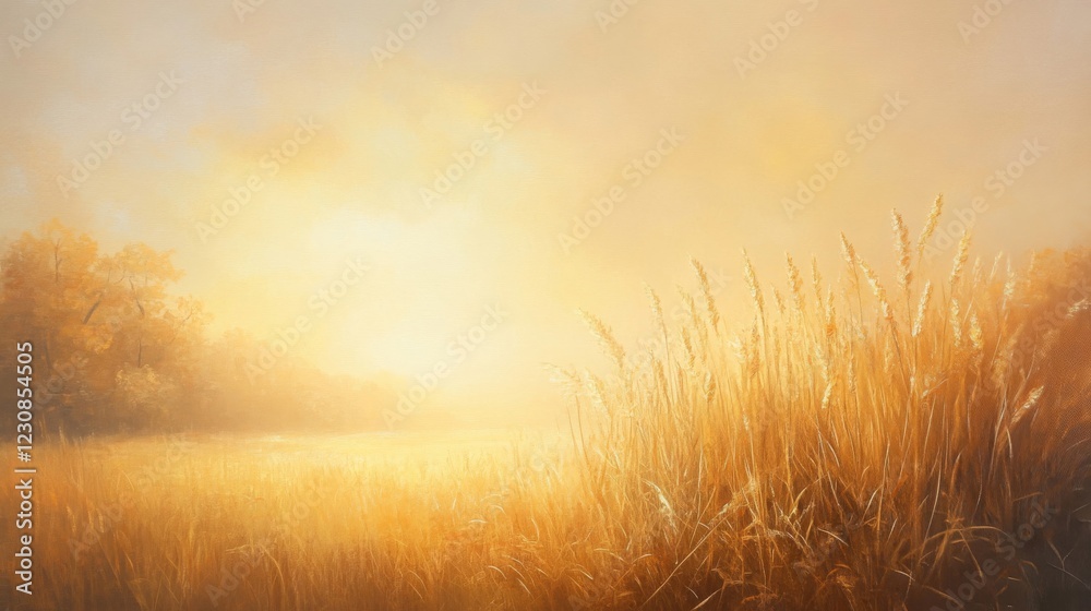 Golden Hour Sunset Landscape Painting Warm Yellow Tones Golden Hour Sunset Landscape Painting Warm Yellow Tones