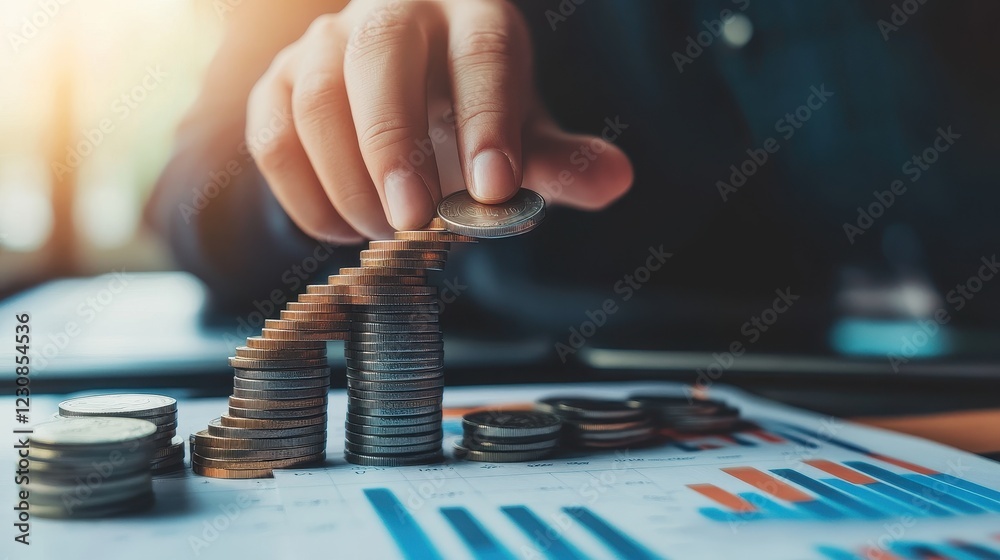 A hand stacking coins into a growing bar chart, investment success, photorealistic, isolated on white background. A hand stacking coins into a growing bar chart, investment success, photorealistic, isolated on white background.
