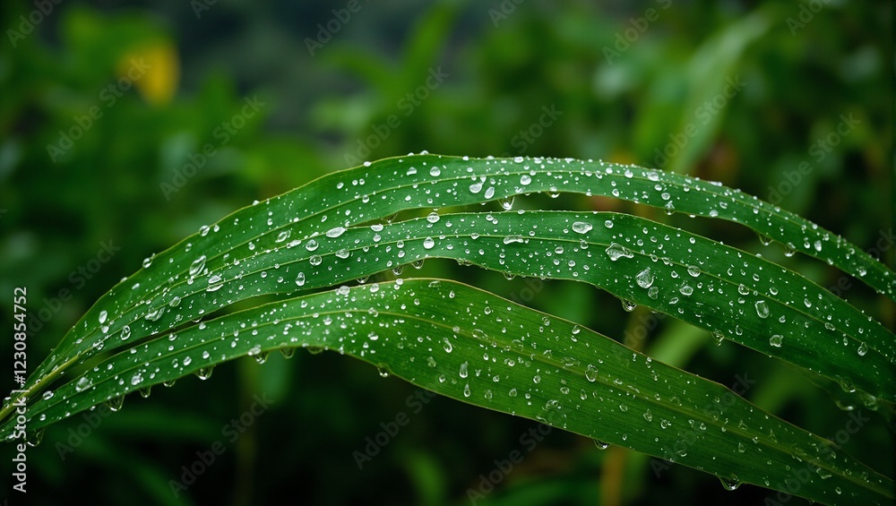 Close up of rain kissed green palm leaf in lush tropical rainforest Close up of rain kissed green palm leaf in lush tropical rainforest