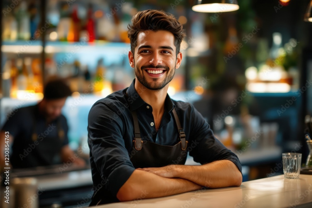 Fototapeta premium portrait of a young smiling Tunisian male bartender against blurred bar background