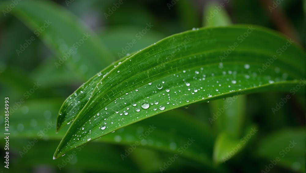 Lush green spider plant leaf with water droplets under soft light Lush green spider plant leaf with water droplets under soft light