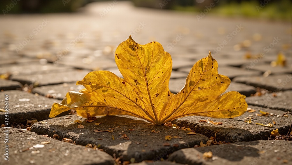 Vibrant yellow ginkgo leaf on cobblestone path in autumn light Vibrant yellow ginkgo leaf on cobblestone path in autumn light