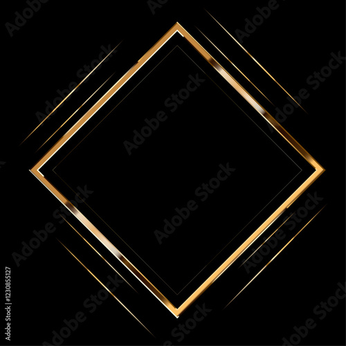 Golden square frame isolated on black background. Empty space for an image, painting, postcard or photograph. A simple gold item mockup.