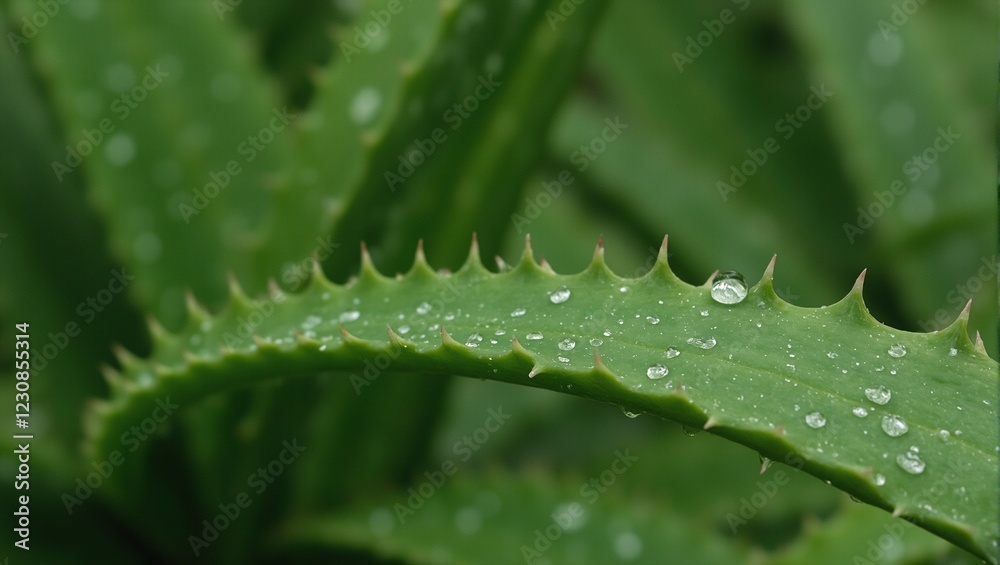 Fresh aloe vera leaf with water droplets soft indoor lighting Fresh aloe vera leaf with water droplets soft indoor lighting