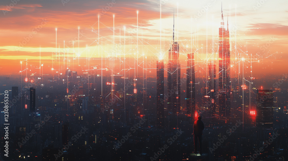 Naklejka premium Smart digital Innovation city with connection network reciprocity over the cityscape. of future smart wireless digital city and social media networking systems that connects people with in city