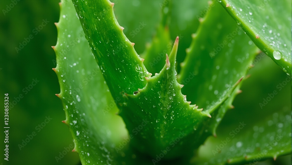 Fresh aloe vera leaf with water droplets soft indoor lighting Fresh aloe vera leaf with water droplets soft indoor lighting