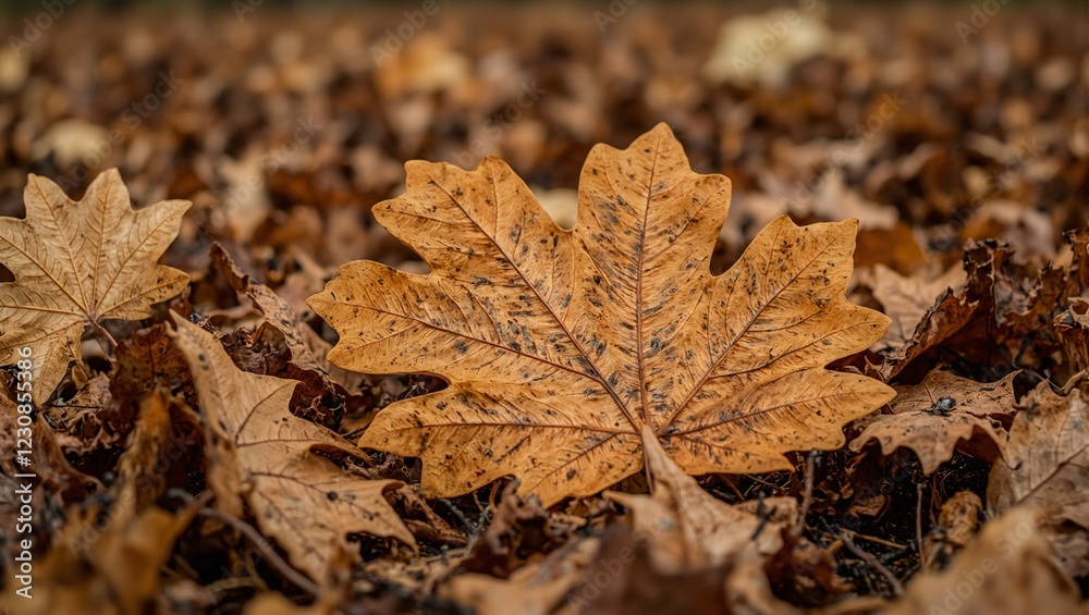 Detailed view of dried oak leaf with intricate veins on autumn foliage Detailed view of dried oak leaf with intricate veins on autumn foliage
