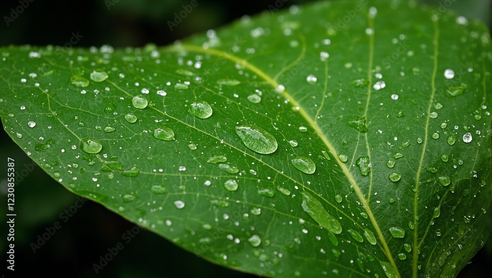 Green magnolia leaf with water droplets glossy under soft sunlight Green magnolia leaf with water droplets glossy under soft sunlight