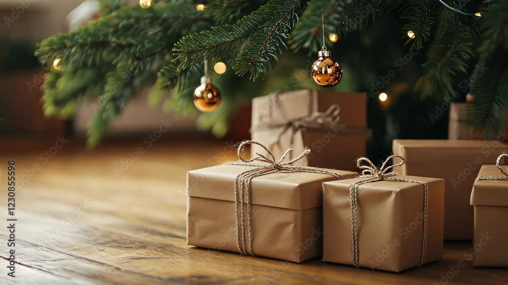 Christmas gifts nestled under a decorated tree with soft glow of festive lights