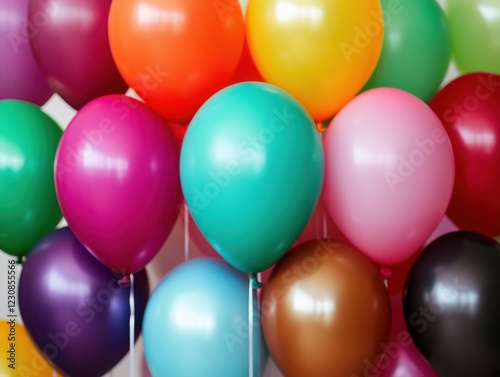 A vibrant array of colored balloons adds a festive touch, perfect for celebrations and joyful events, evoking happiness.