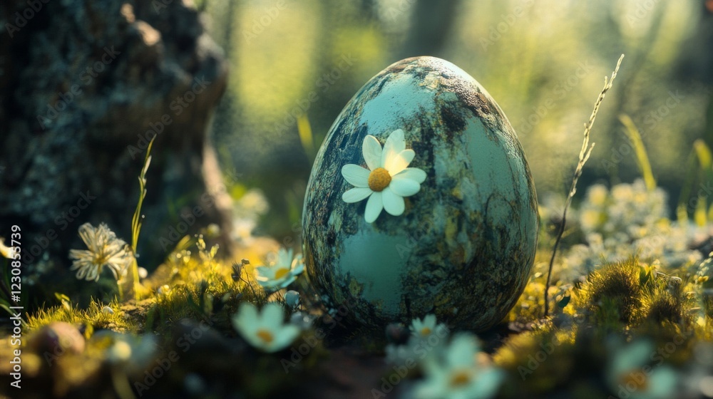 Teal Speckled Egg with White Daisy in Spring Forest Teal Speckled Egg with White Daisy in Spring Forest