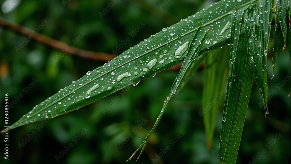 Obraz premium Tropical palm leaf with raindrops in rainforest