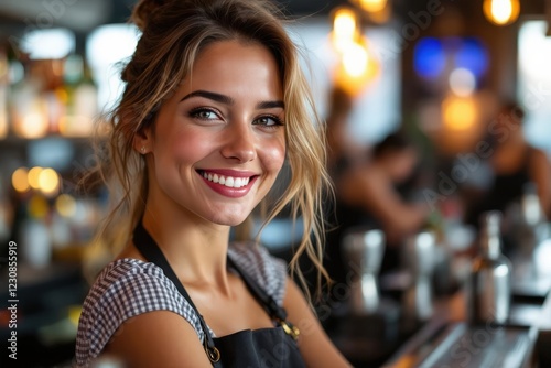 portrait of a young smiling American female bartender against blurred bar background
