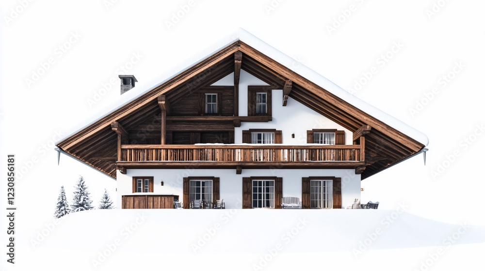 A charming two-story chalet with a wooden balcony and snow-covered roof stands against a white backdrop A charming two-story chalet with a wooden balcony and snow-covered roof stands against a white backdrop
