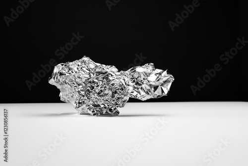 A ball of aluminum foil on a white table against a black backdrop