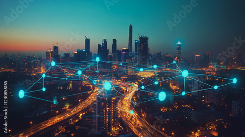 Wallpaper Mural Smart digital Innovation city with connection network reciprocity over the cityscape. of future smart wireless digital city and social media networking systems that connects people with in city Torontodigital.ca