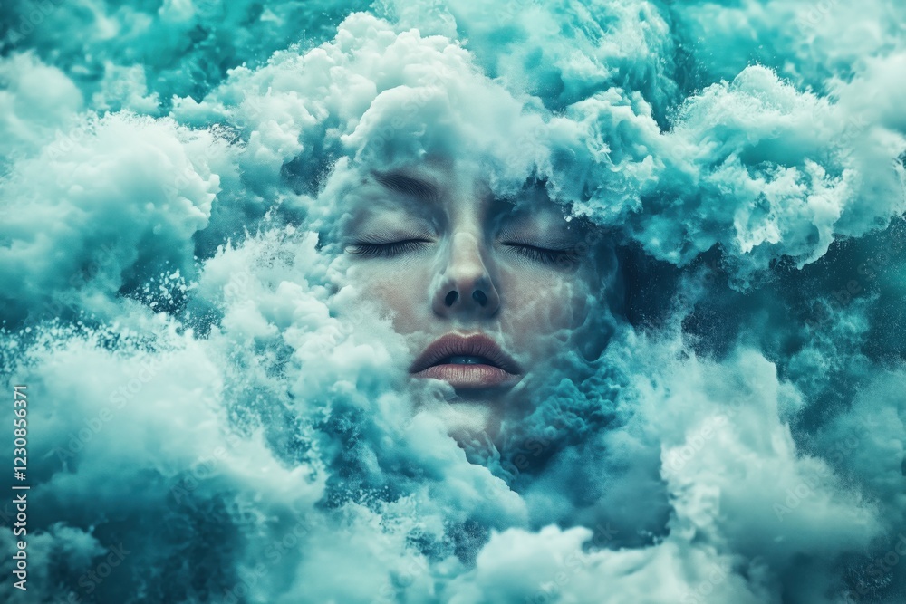 A serene woman's face partially submerged in turbulent ocean waves, eyes closed in tranquility.
