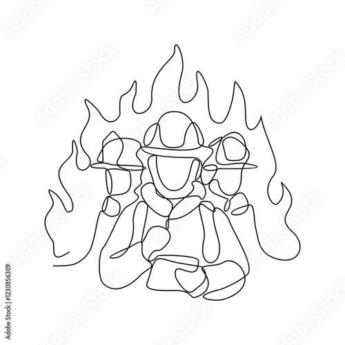 One continuous line drawing of The fire fighter brigade is on duty to put out the blazing fire vector illustration. Fire Fighting design illustration simple linear style vector concept for education.