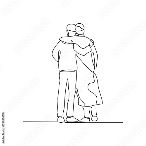 One continuous line drawing of a hugging each other vector illustration. Social activity design concept in simple linear style vector. Great design for for moslem celebration and education purpose.