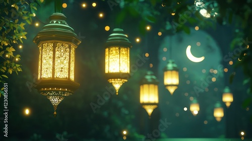 Glowing Ramadan lanterns, moonlit garden, festive night photo