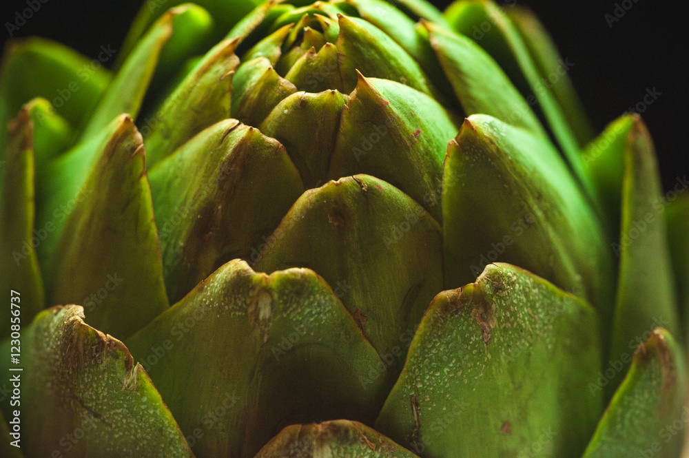 Closeup overhead shot of a raw artichoke against a black background Closeup overhead shot of a raw artichoke against a black background