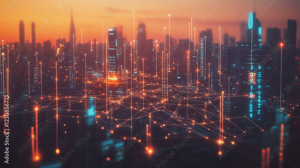 Smart digital Innovation city with connection network reciprocity over the cityscape. of future smart wireless digital city and social media networking systems that connects people with in city Smart digital Innovation city with connection network reciprocity over the cityscape. of future smart wireless digital city and social media networking systems that connects people with in city