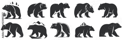 Black Bear Silhouette Illustrations in Multiple Poses, walking, animal,  wildlife, nature,  grizzly bears set