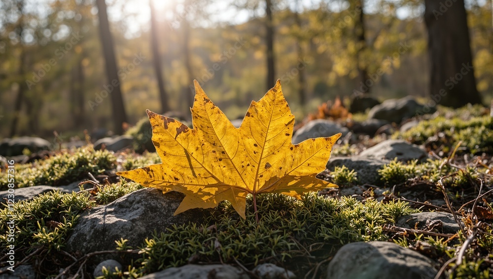 Yellow birch leaf on mossy rock with dappled sunlight Yellow birch leaf on mossy rock with dappled sunlight