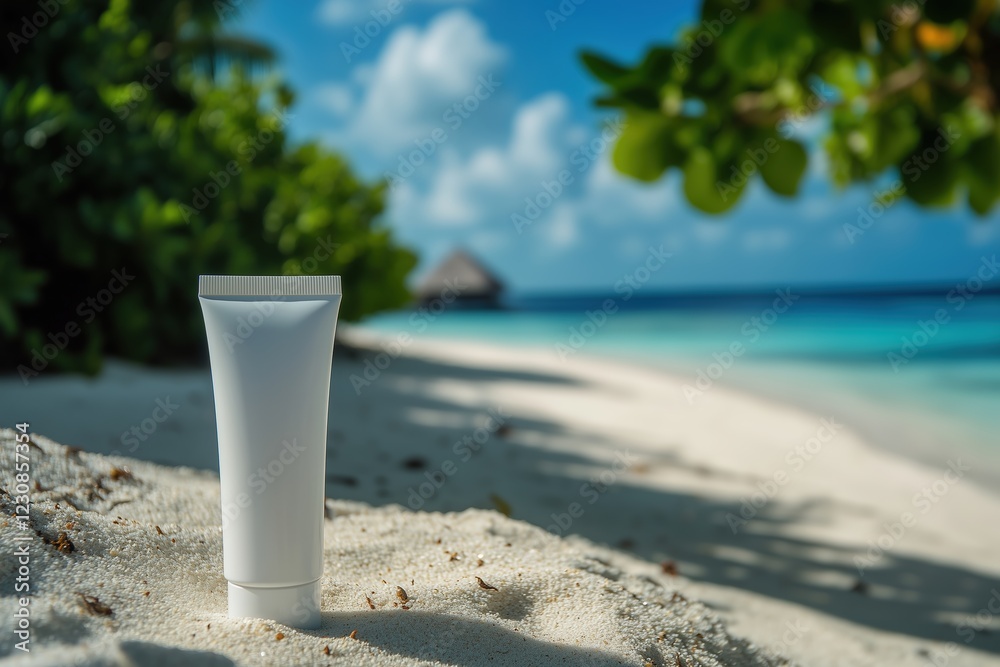 A mockup of an all-white, blank skincare product bottle on sand at beachside near the sea. A mockup of an all-white, blank skincare product bottle on sand at beachside near the sea.