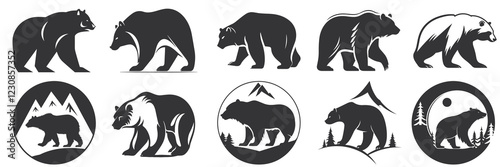 Black Bear Silhouette Illustrations in Multiple Poses, walking, animal,  wildlife, nature,  grizzly bears set