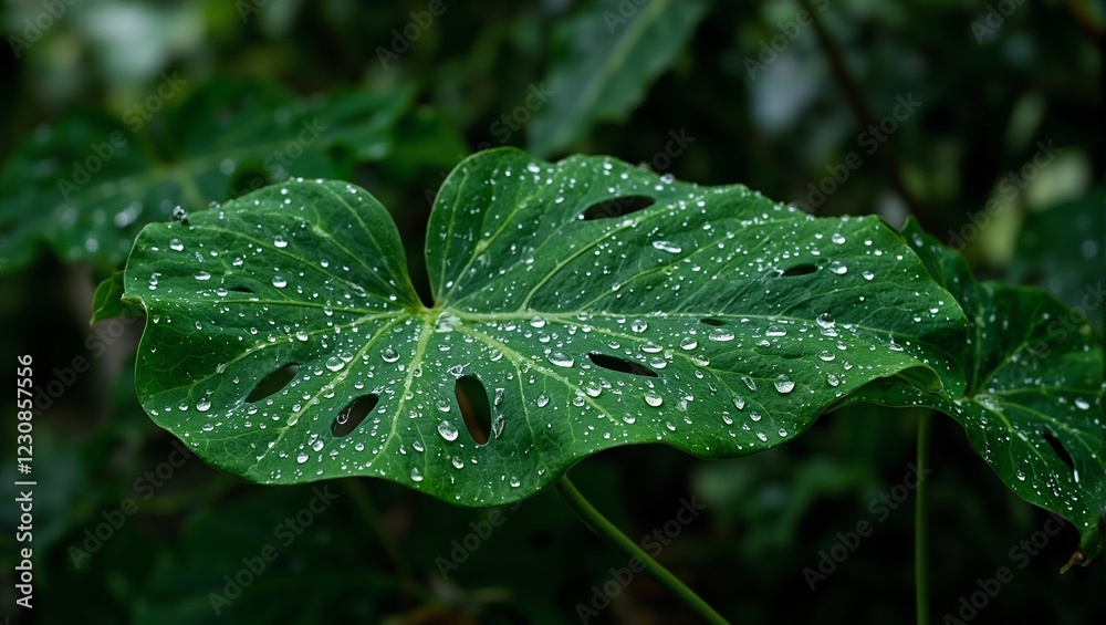 Close up of raindrops on green monstera leaf with blurred tropical backdrop Close up of raindrops on green monstera leaf with blurred tropical backdrop
