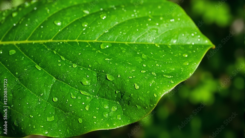 Macro shot of water droplets on glossy green magnolia leaf under soft sunlight Macro shot of water droplets on glossy green magnolia leaf under soft sunlight