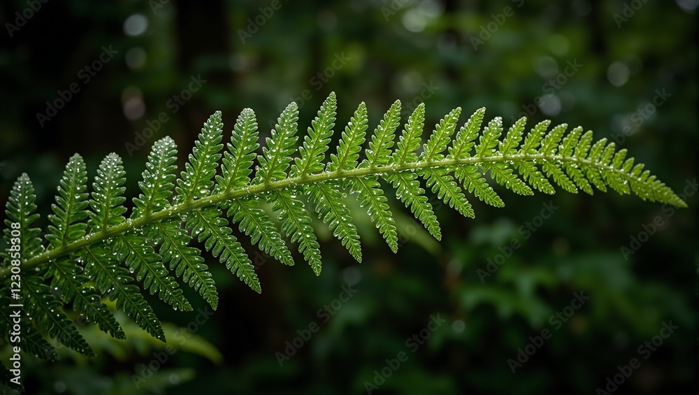 Close up of green fern leaf with morning dew in a forest Close up of green fern leaf with morning dew in a forest