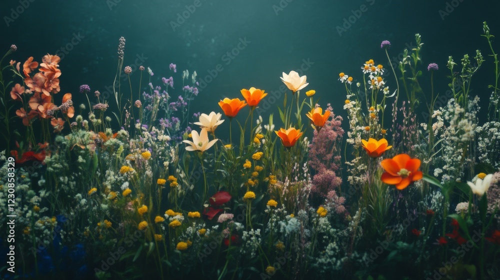 Vibrant Wildflower Meadow In Dark Green Background Vibrant Wildflower Meadow In Dark Green Background