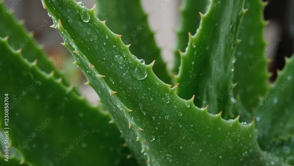 Soothing aloe vera leaf with water droplets in soft light Soothing aloe vera leaf with water droplets in soft light